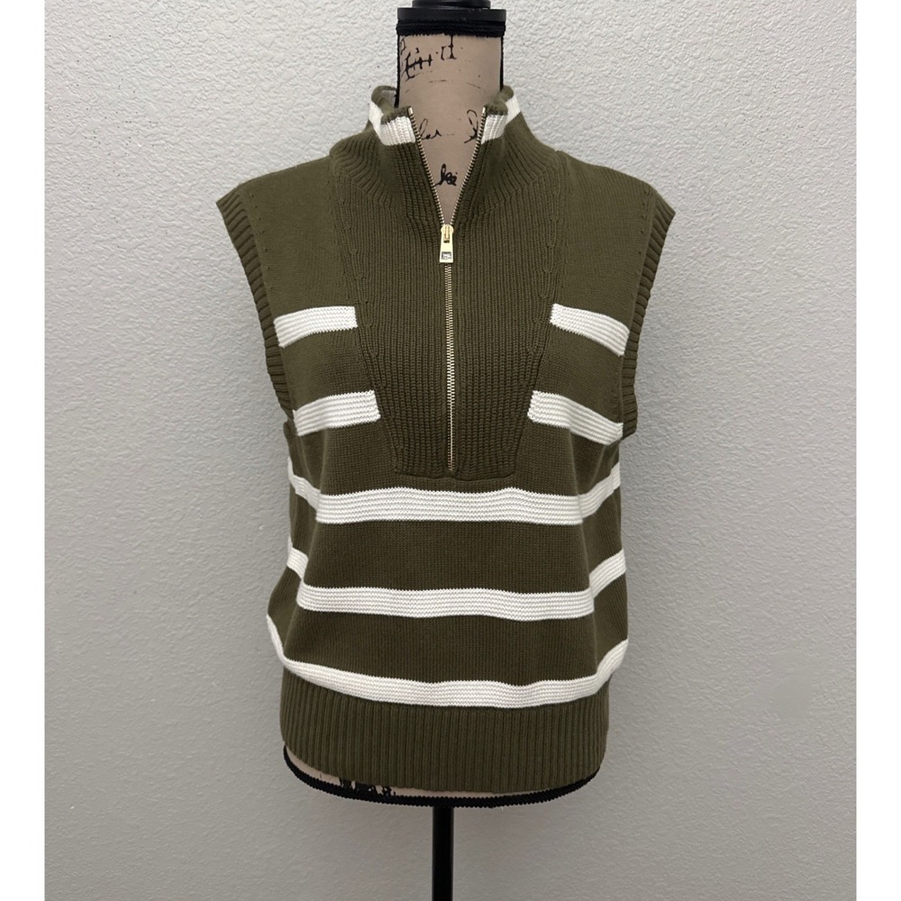 NWT Talbots Half Zip Sweater Vest Olive Ivory Stripe Sleeveless Mock Neck Small